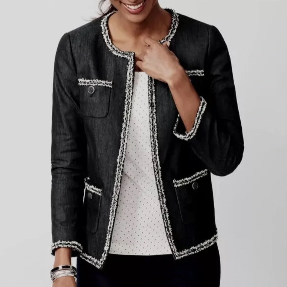 Talbots Lady Jacket Black Chambray Tweed Fringe 8P
